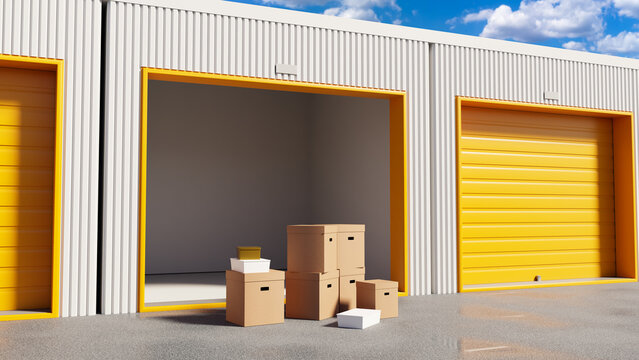 Warehouse storage unit with open door and stacked cardboard boxes, representing logistics, moving, and self-storage services.
