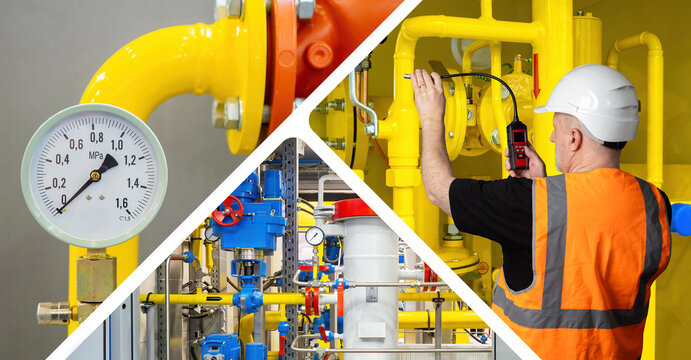 Industrial technician inspecting gas pipeline system with gauges, valves, and yellow pipes during pressure maintenance and safety check.