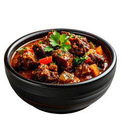 Rich and savory jamaican oxtail stew with butterbeans and tender meat, served in a dark bowl and isolated on a pristine white background