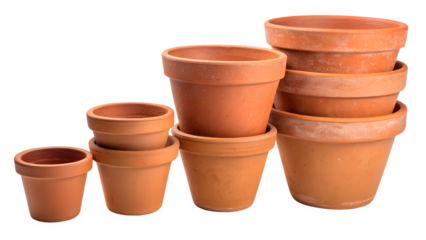 Group of terracotta plant pots in various sizes isolated on transparent background
