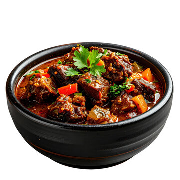 Rich and savory jamaican oxtail stew with butterbeans and tender meat, served in a dark bowl and isolated on a pristine white background