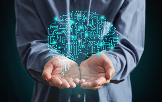 Human hands holding digital brain circuit technology