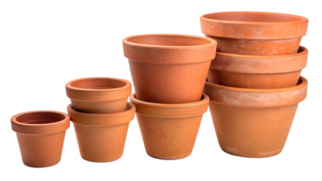 Group of terracotta plant pots in various sizes isolated on transparent background