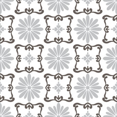 A soft gray floral seamless pattern on a clean white background, creating a delicate and elegant ornamental design perfect for textiles, wallpapers.