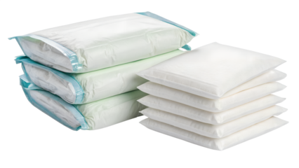 Stack of white disposable pads with blue and green trim, isolated on transparent background