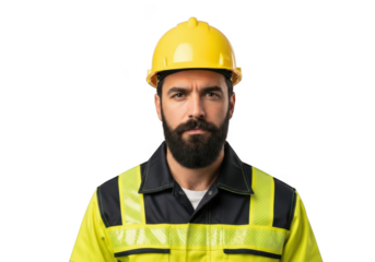 Serious bearded man wearing yellow hard hat and high visibility safety vest isolated on transparent background