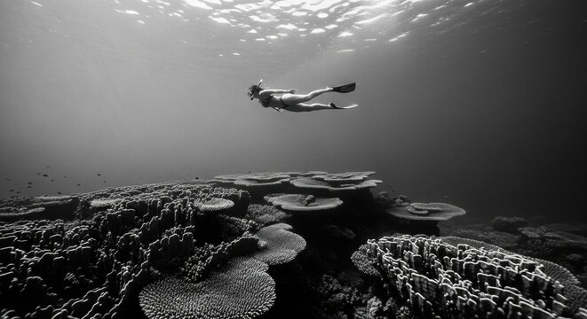 Adult female freediver swimming in the open ocean. Woman in snorkeling gear exploring a pristine coral reef ecosystem. Black and white artistic view of marine adventure and travel lifestyle
