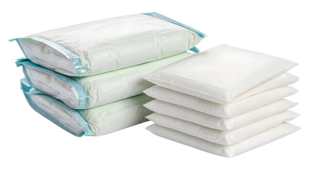 Stack of white disposable pads with blue and green trim, isolated on transparent background