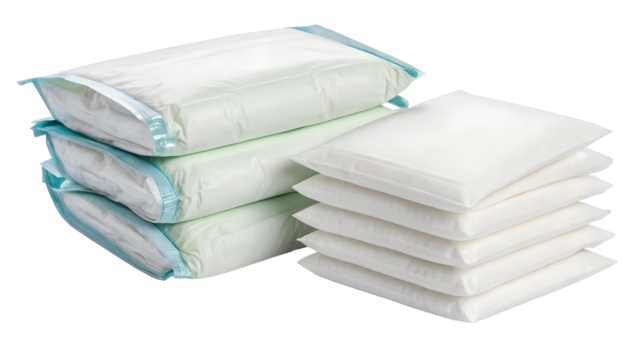 Stack of white disposable pads with blue and green trim, isolated on transparent background