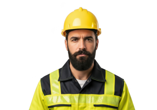 Serious bearded man wearing yellow hard hat and high visibility safety vest isolated on transparent background - Powered by Adobe
