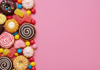 Fototapeta premium A vibrant collection of colorful candies, cookies, and frosted pastries symbolizing a strong preference for sugary treats and dessert consumption ,frosting ,cookie ,colorful