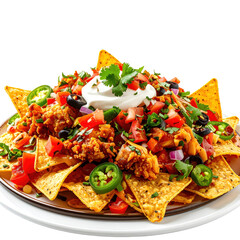 Delicious chicken nachos with shredded poultry, cheese, corn, and black beans, directly isolated on a pristine white background