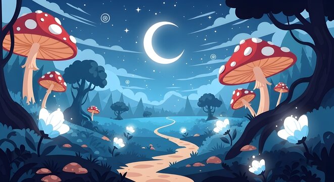 Magical Mushroom Night Landscape Flat Illustration