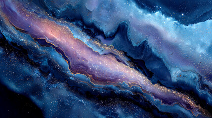 Abstract fluid art background depicting a celestial river, a cosmic nebula in deep blue and purple hues with sparkling gold details.