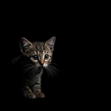 A small, trembling feline creature is paralyzed with fear, hiding in the shadows and staring wide-eyed at an unseen threat ,shadow ,intense ,stressed