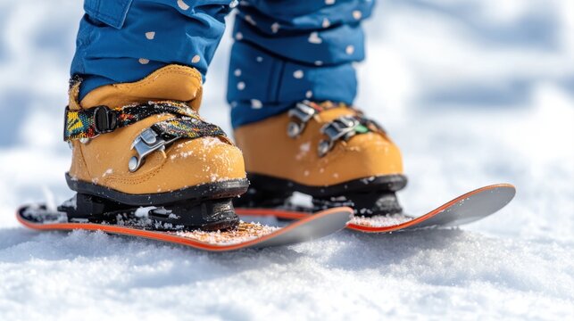 Close-up of a child's feet in yellow ski boots on skis, standing on fresh snow, ready for winter sports.