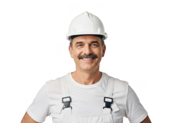 Smiling middle aged construction worker wearing a white hard hat and white overalls isolated on transparent background