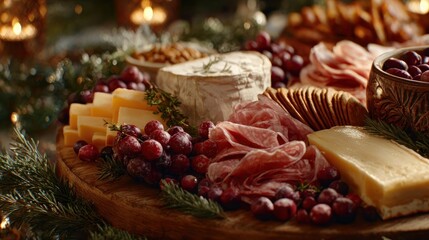A festive charcuterie board with cheeses, meats, and cranberries,