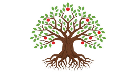 Fototapeta premium Bountiful apple tree with a visible root system. Vector illustration symbolizing growth, life, and knowledge. Flat design graphic for family tree concepts