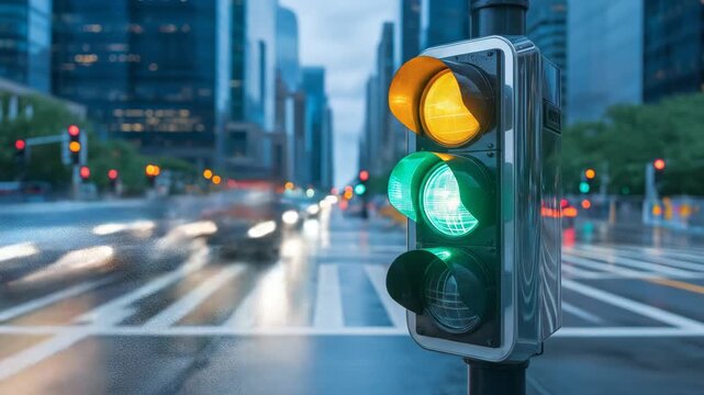 Green Traffic Light Illuminating on a Wet City Street with Blurred Cityscape and Buildings in the Background Under Cloudy Skies