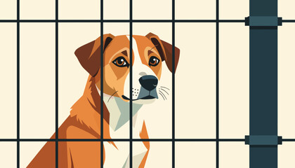 Sad dog in a cage at an animal shelter. Vector illustration of a lonely puppy waiting for adoption. Animal rescue and welfare concept