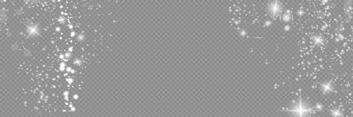 The dust sparks and white stars shine with special light. Vector sparkles on a transparent background. Christmas light effect. Sparkling magical dust particles.