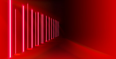 Obraz premium Abstract red neon arrow light glow background. Futuristic cyber laser line motion banner for casino. Dynamic techno perspective beam 3d graphic design. Cool party power