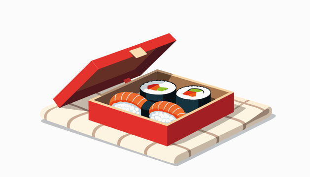 Isometric illustration of a sushi bento box. Japanese food lunch set with salmon nigiri and maki rolls. Flat design vector graphic