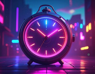 Neon glowing clock with metallic casing, city lights backdrop