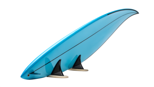 A bright blue surfboard with two fins, isolated on transparent background