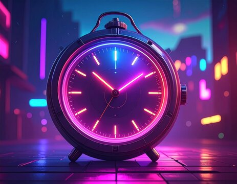 Neon glowing clock with metallic casing, city lights backdrop