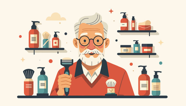 Senior man with shaving and grooming products. Flat design vector illustration of a daily personal care routine. Men's health and hygiene concept