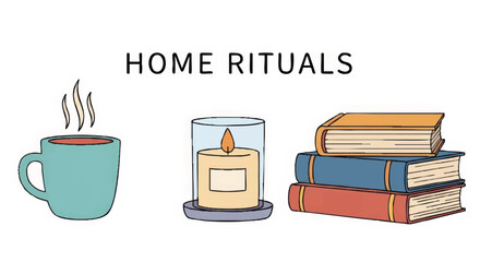 Home rituals and self-care concept illustration. Cozy vector set with a book, candle, and hot drink mug. Hand-drawn graphic for wellness and relaxation