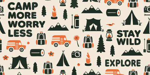 Camp more worry less stay wild explore retro camping adventure pattern with tents backpacks cars and mountains