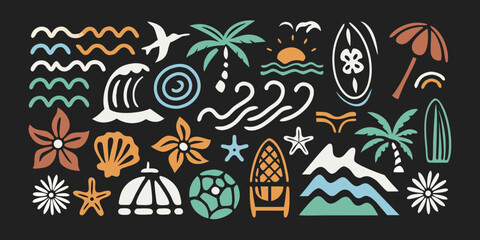 Collection of stylized tropical beach and ocean elements with palm trees surfboards waves and flowers on a black background