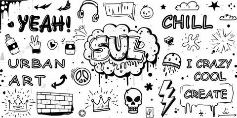 Urban art doodle elements collection with graffiti style text and icons