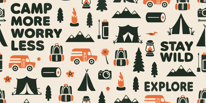 Camp more worry less stay wild explore retro camping adventure pattern with tents backpacks cars and mountains