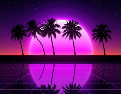 Neon purple and black landscape, sun, palm trees, grid and reflections