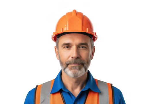Serious middle aged man wearing orange hard hat and high visibility vest isolated on transparent background