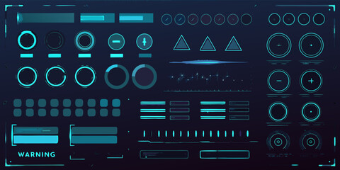 Futuristic digital interface elements and data visualization graphics in blue and teal on a dark background