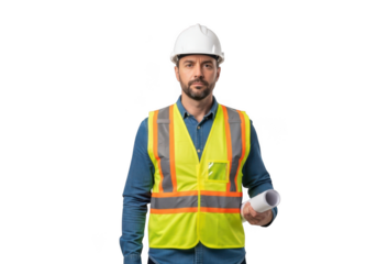 A serious male construction worker wearing a white hard hat and a bright yellow safety vest holding rolled blueprints isolated on transparent background