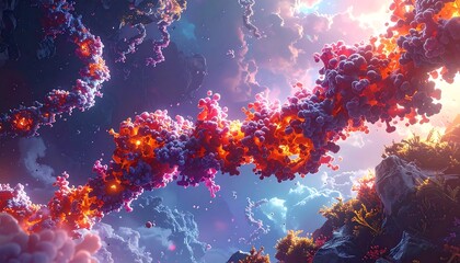 Abstract illustration of surreal and vibrant cosmic forms with celestial and cloudy elements