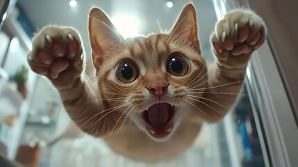 A playful orange cat leaps towards the camera with wide eyes and outstretched paws, appearing curious and energetic indoors.