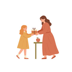 A Woman and Child Exchange Gifts Indoors with Warm Lighting and Minimalist Decor Featuring an Apple on a Side Table