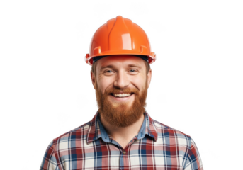 Smiling bearded man wearing orange hard hat and plaid shirt isolated on transparent background