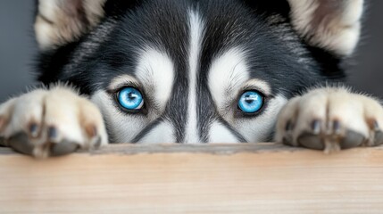 Fototapeta premium A curious husky with striking blue eyes peeks over a wooden surface, capturing attention with its playful gaze.