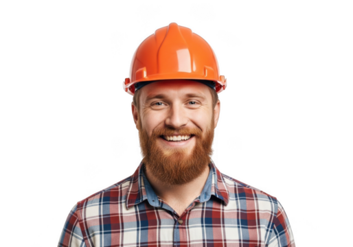 Smiling bearded man wearing orange hard hat and plaid shirt isolated on transparent background