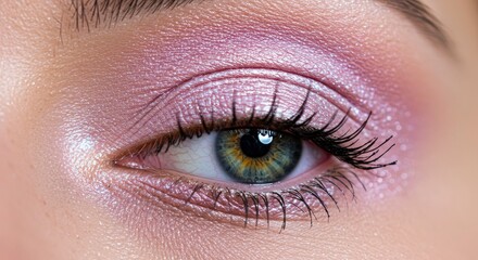 Obraz premium Macro Close-up of a Woman's Eye with Shimmering Pink Eyeshadow