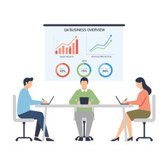 Business Meeting Showing Growth Charts On A Screen With People Analyzing Data In Soft Pastel Tones
