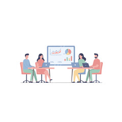 Business Meeting With Data Visualization On Screen Showing Pie Charts And Graphs With People Sitting Around Table With Laptops